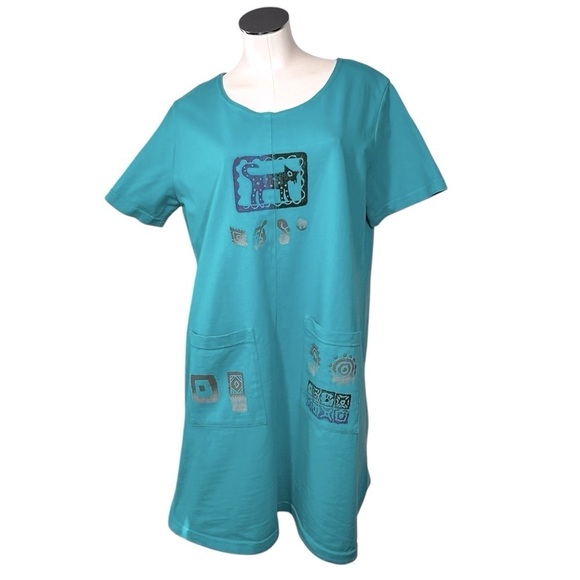 VTG BLUE CACTUS Turquoise Short Sleeve Artsy Boho Cotton Dress Women's Size XL - Picture 3 of 16